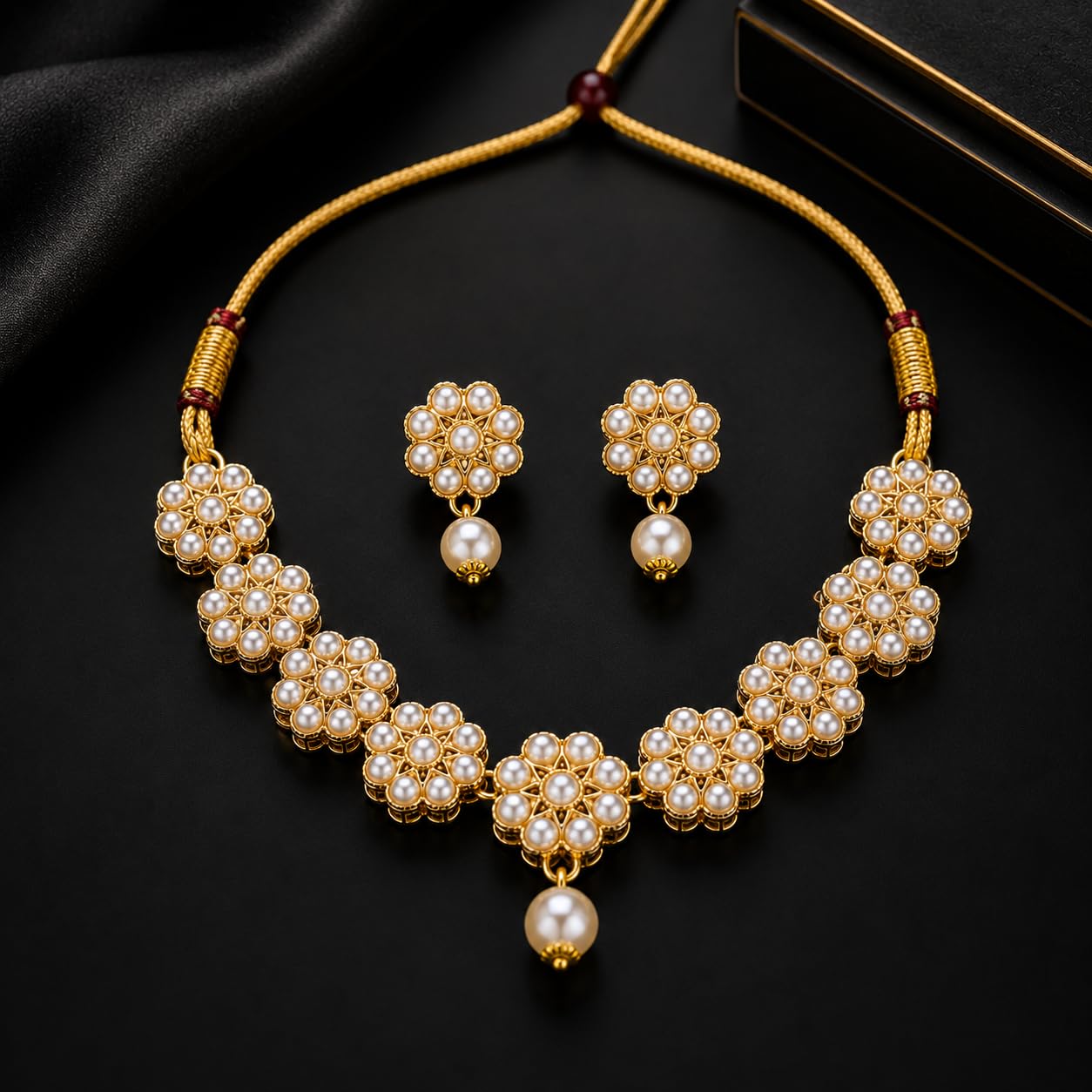 Aishri Pearl Floral Necklace Set
