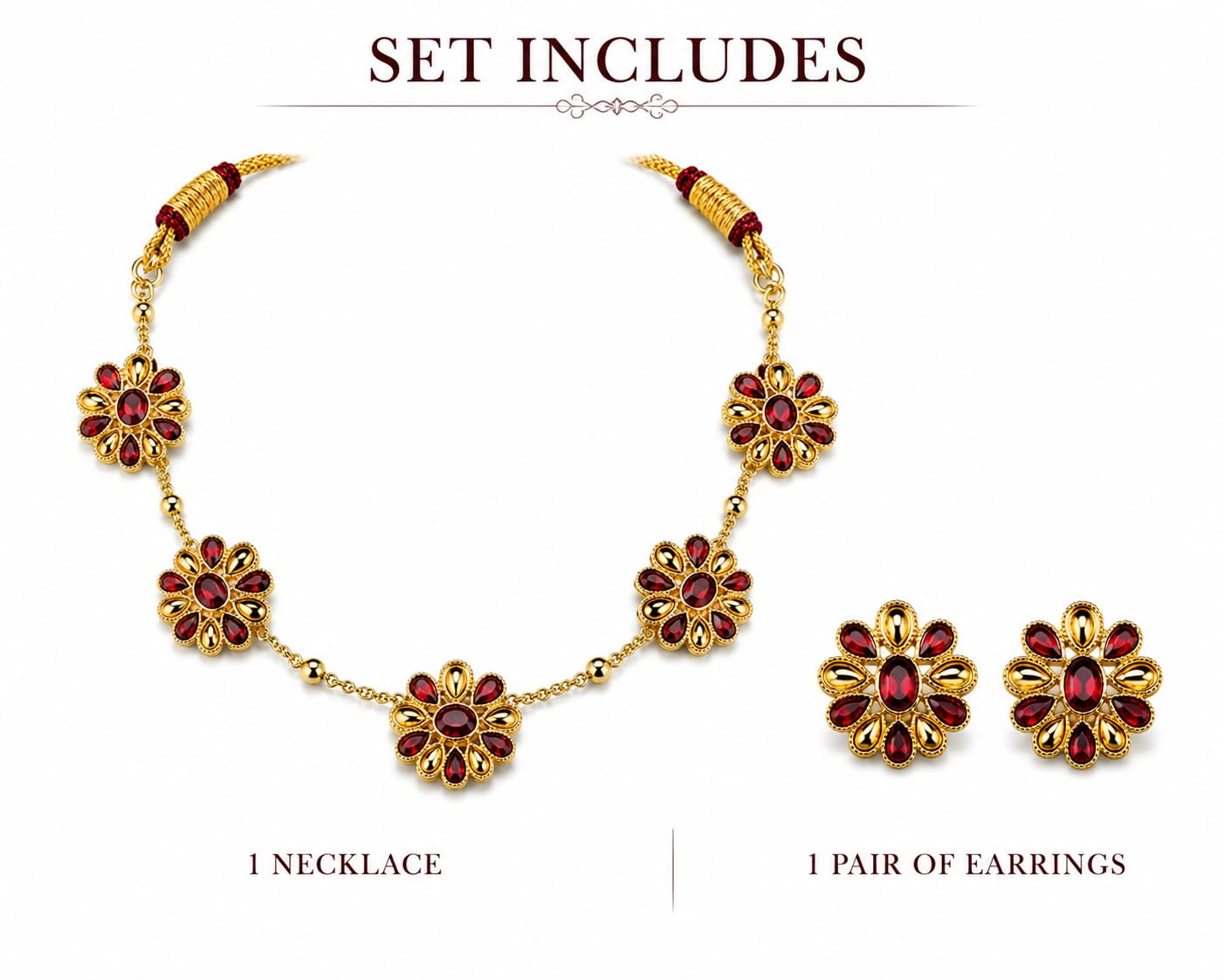 Aishri Ruby Floral Gold Necklace Set