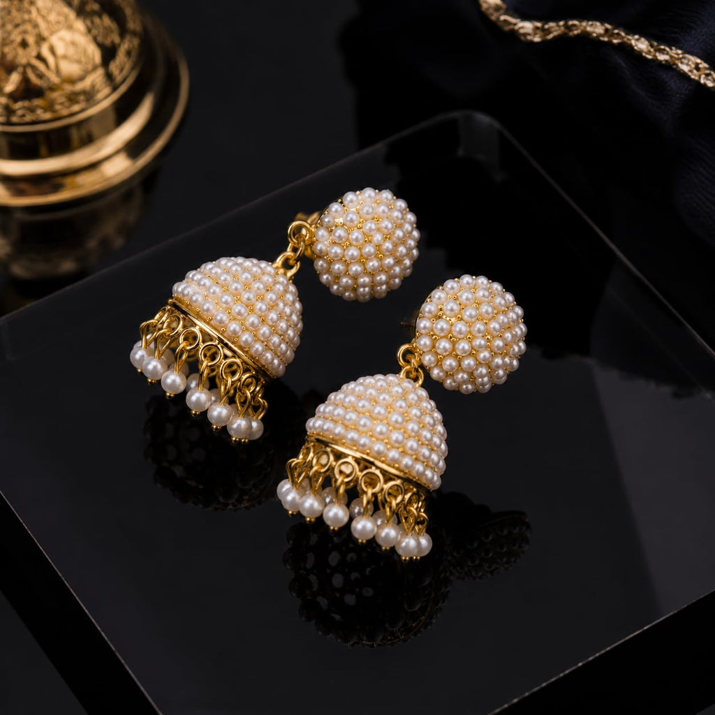 Aishri Gold Plated Pearl Studded Jhumka Earrings