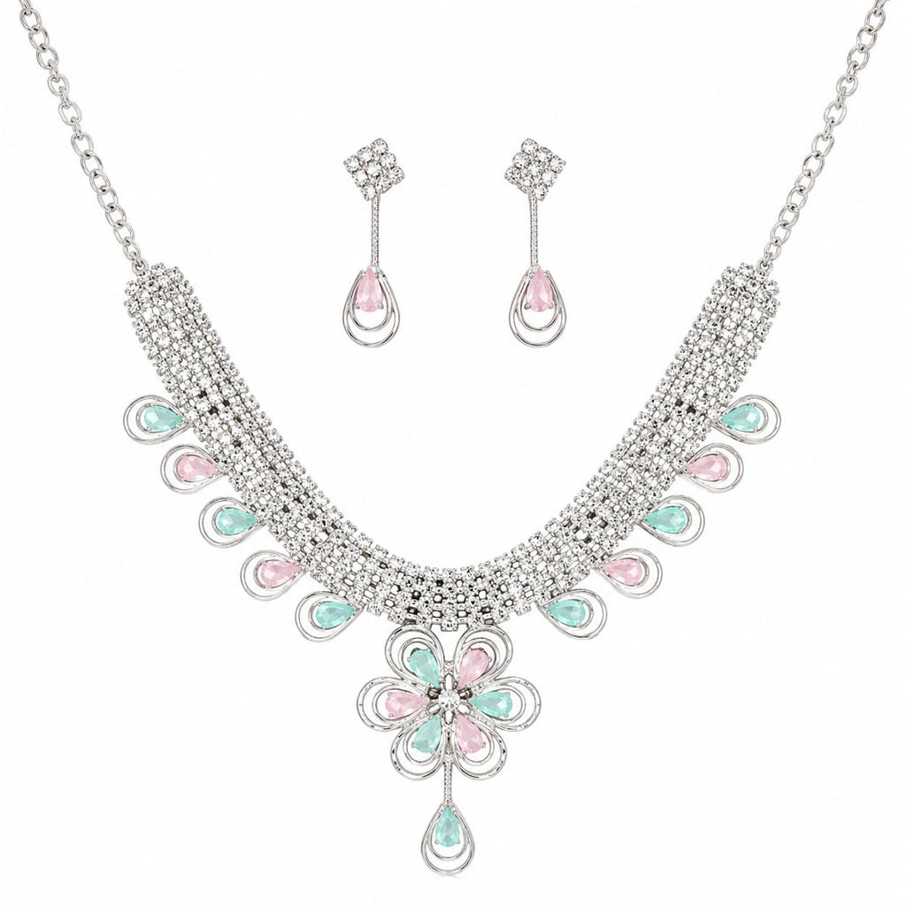 Aishri Floral Crystal Necklace Set with Pink and Mint Green Stones