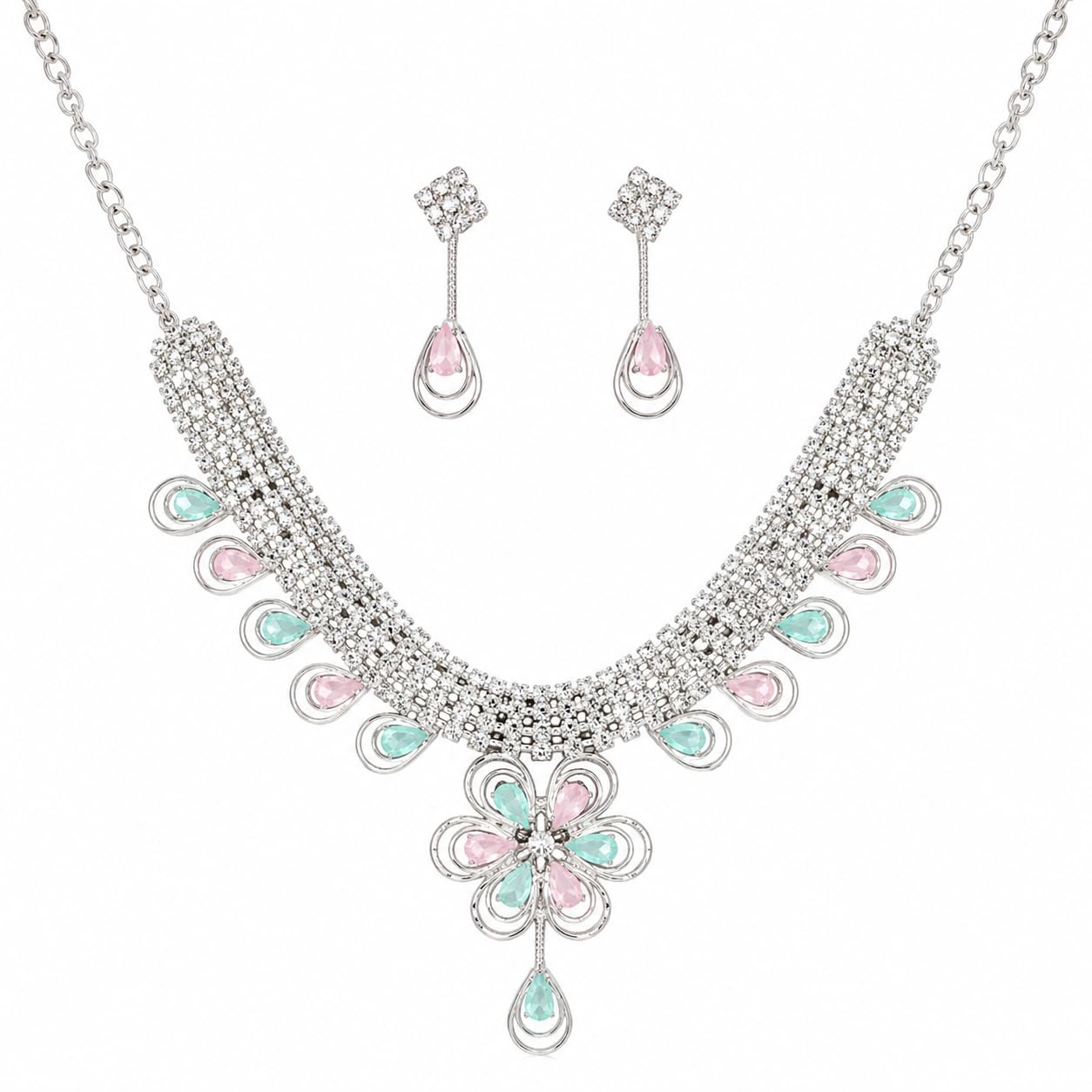 Aishri Floral Crystal Necklace Set with Pink and Mint Green Stones