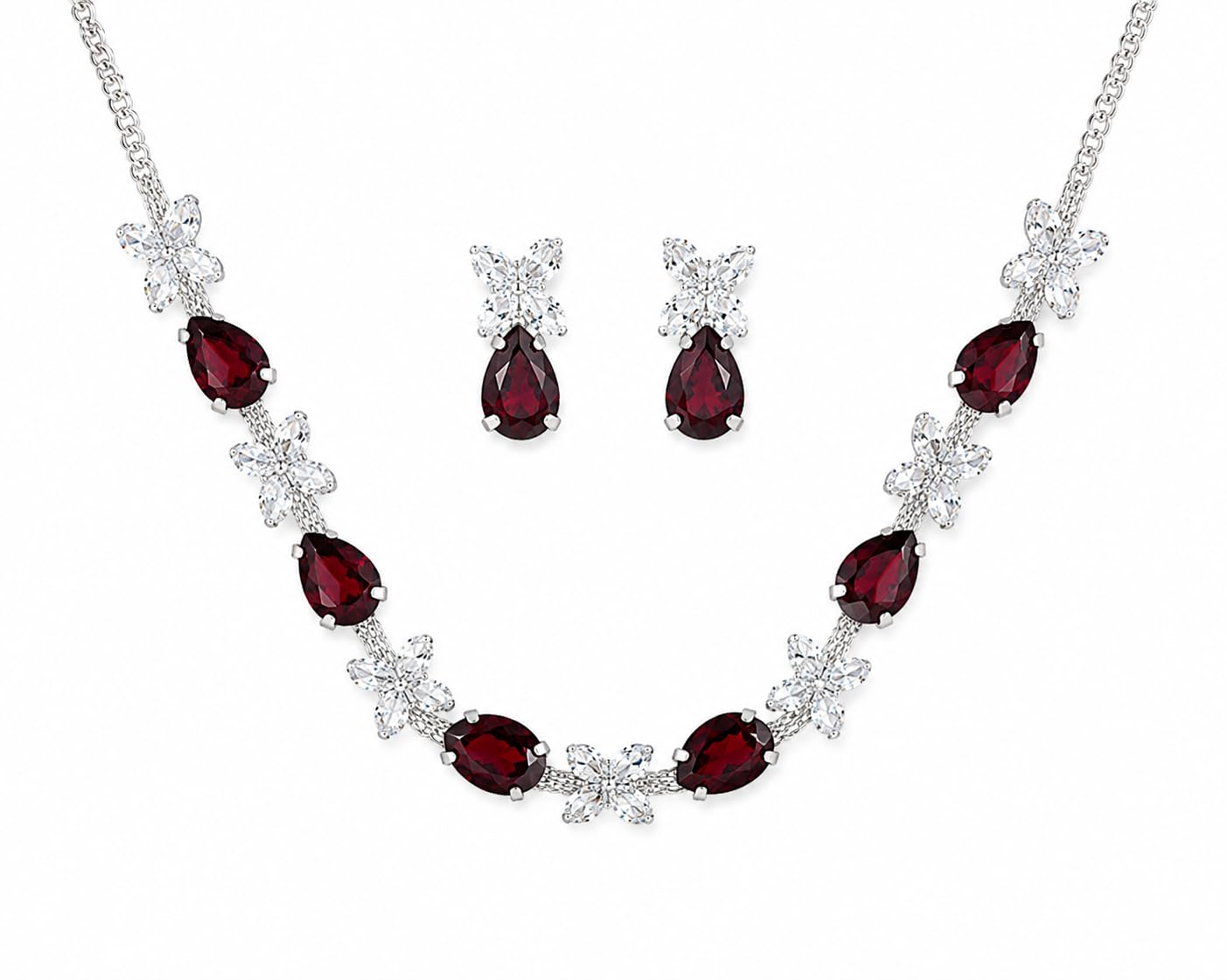 Aishri Ruby Crystal Silver Necklace Set
