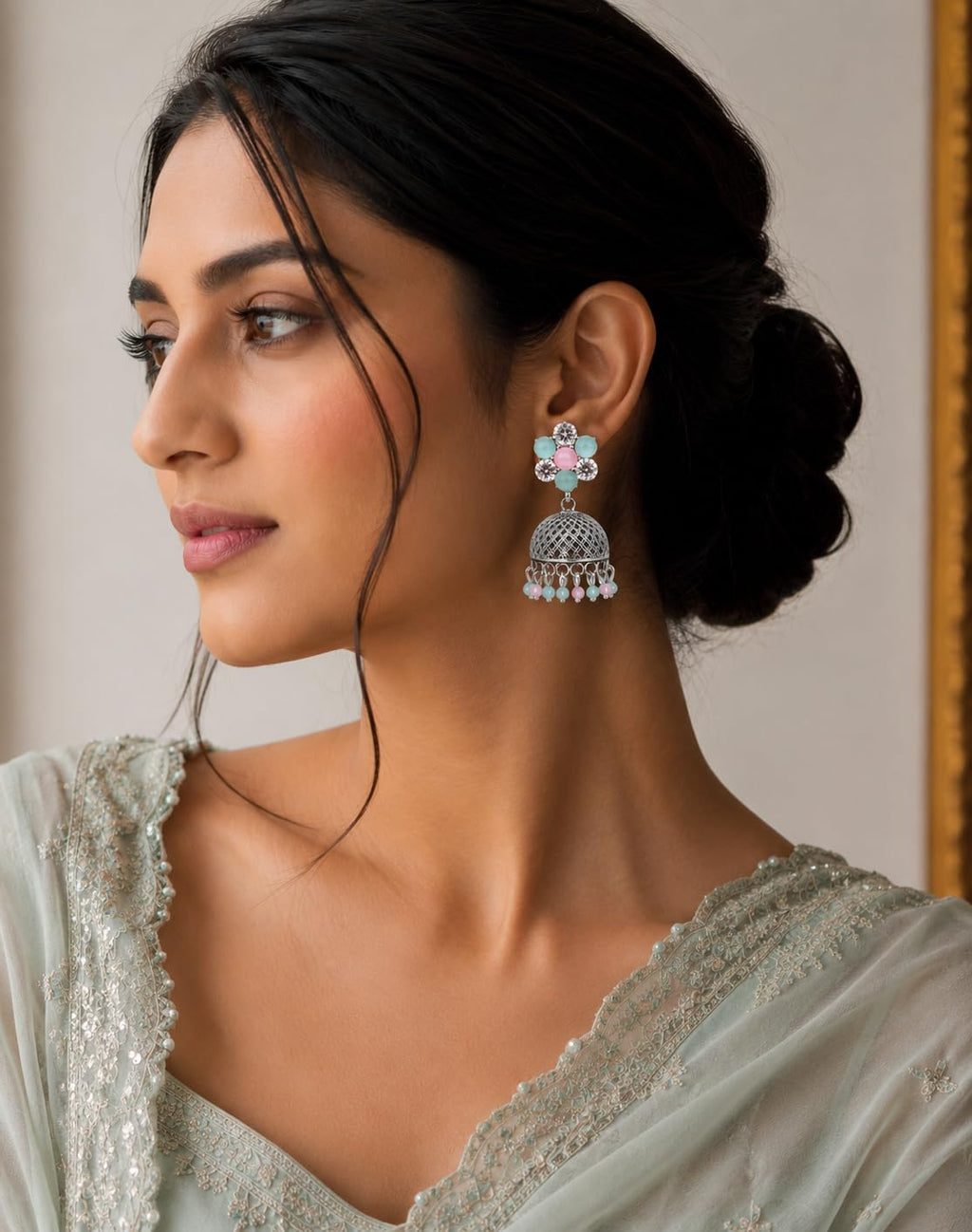 Aishri Oxidized Floral Stone Jhumka Earrings