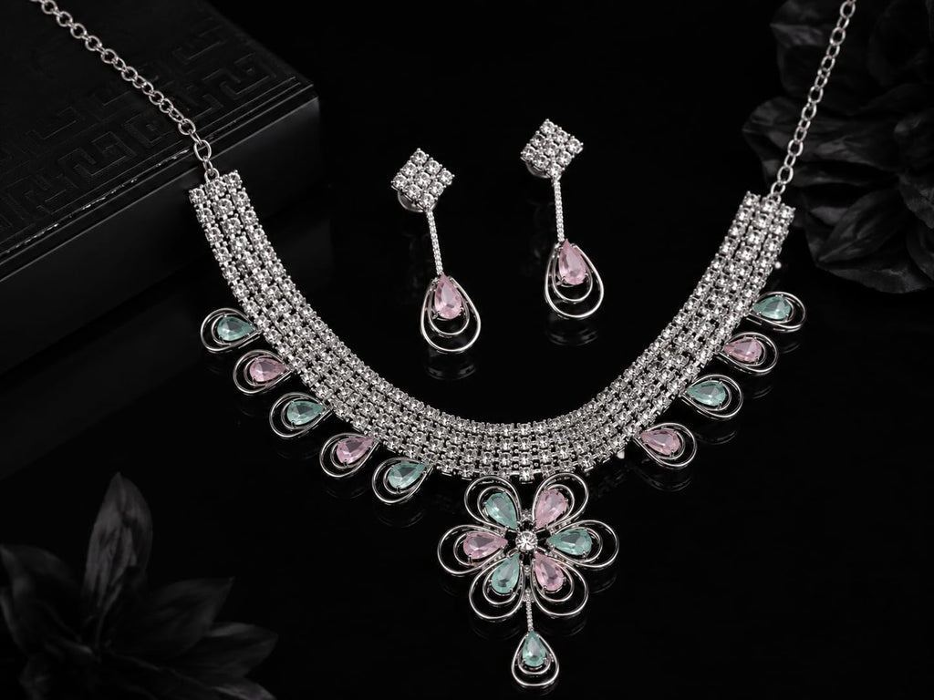 Aishri Floral Crystal Necklace Set with Pink and Mint Green Stones