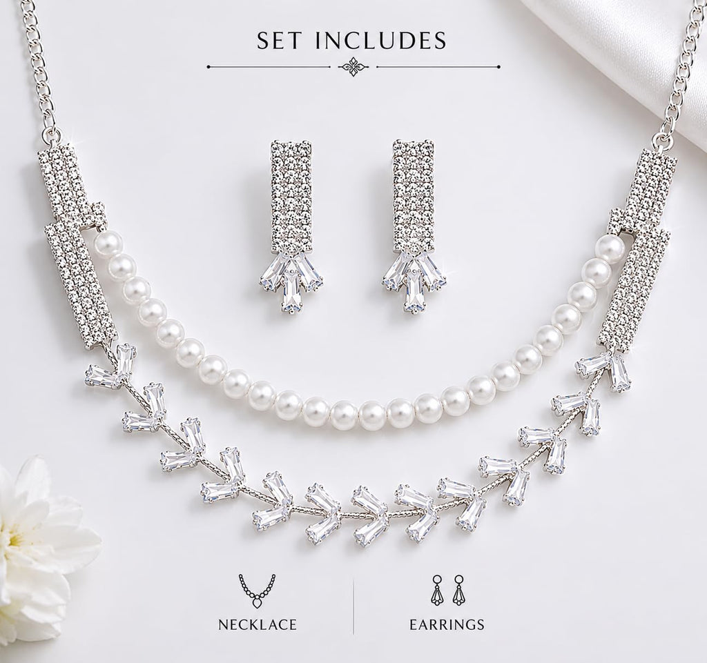 Aishri Silver Pearl Crystal Necklace Set