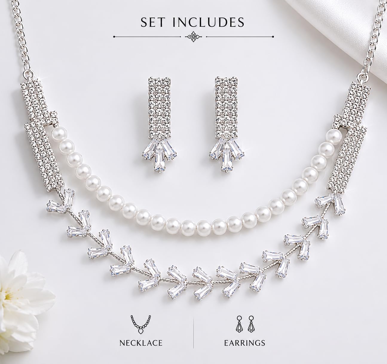 Aishri Silver Pearl Crystal Necklace Set