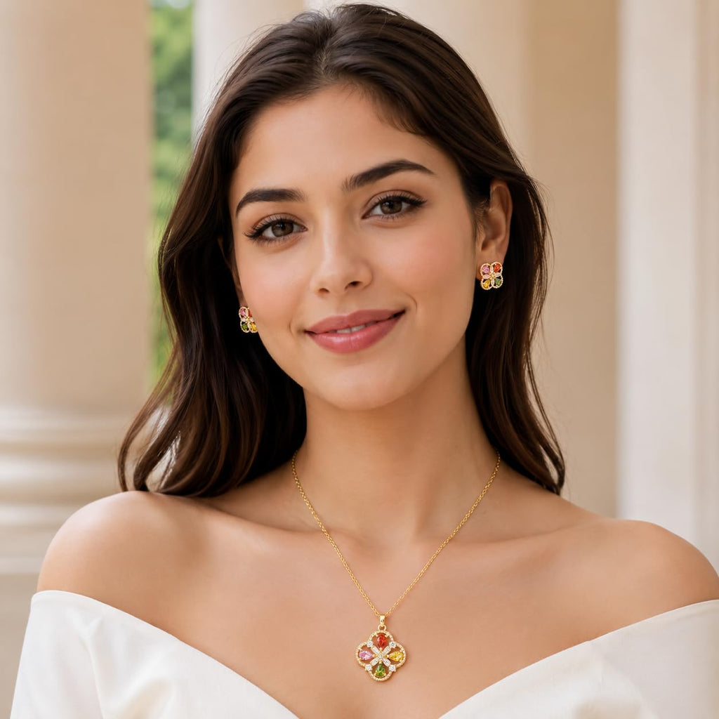 Aishri Multicolor Crystal Flower Pendant Necklace Set with Matching Stud Earrings