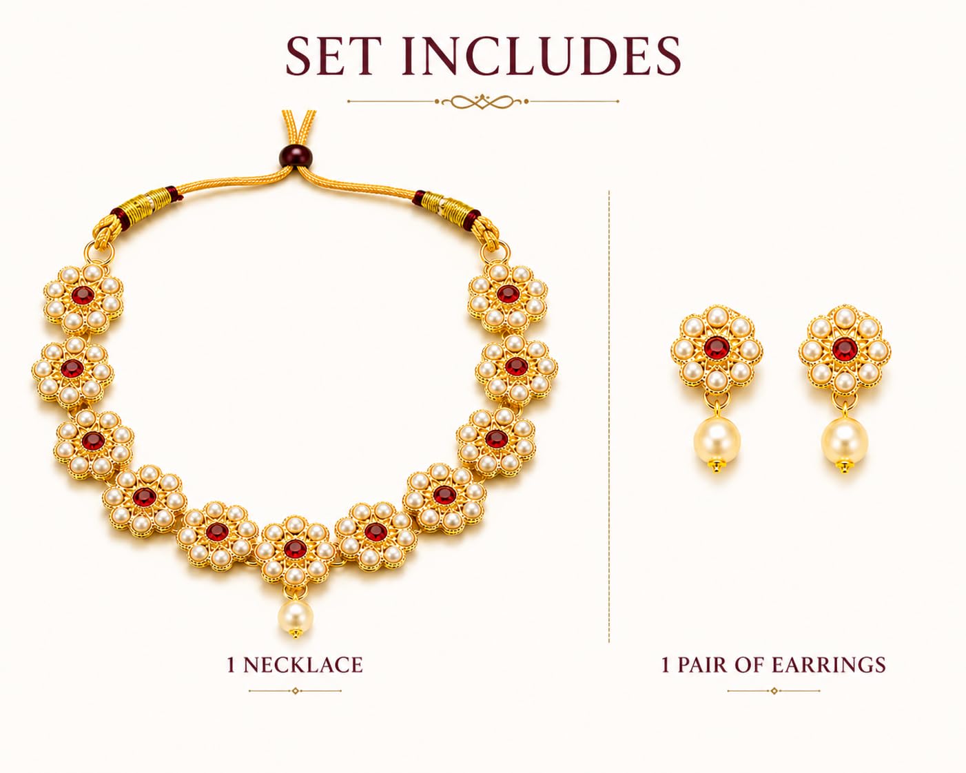 Aishri Ruby Floral Pearl Necklace Set