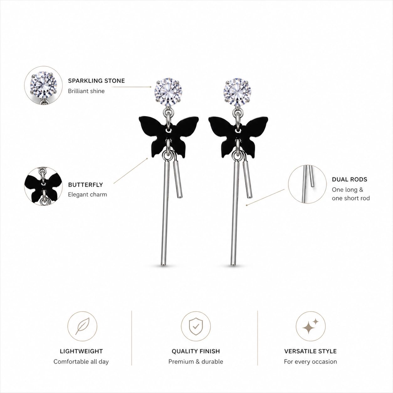 Aishri Black Tone Butterfly Dangle Earrings