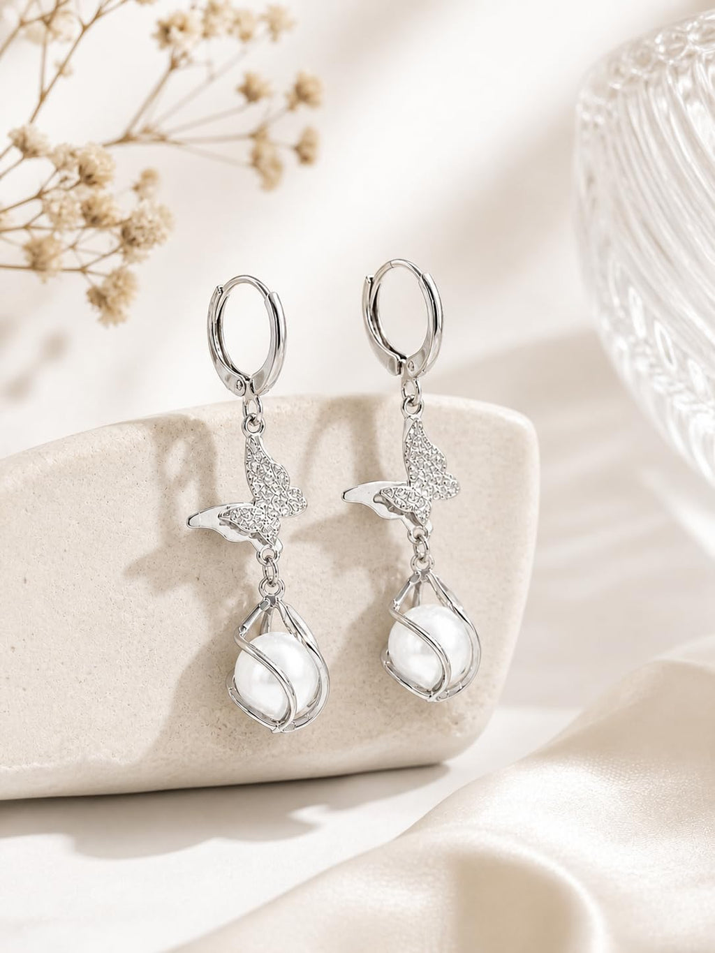 Aishri Silver Tone Butterfly Dangle Earrings