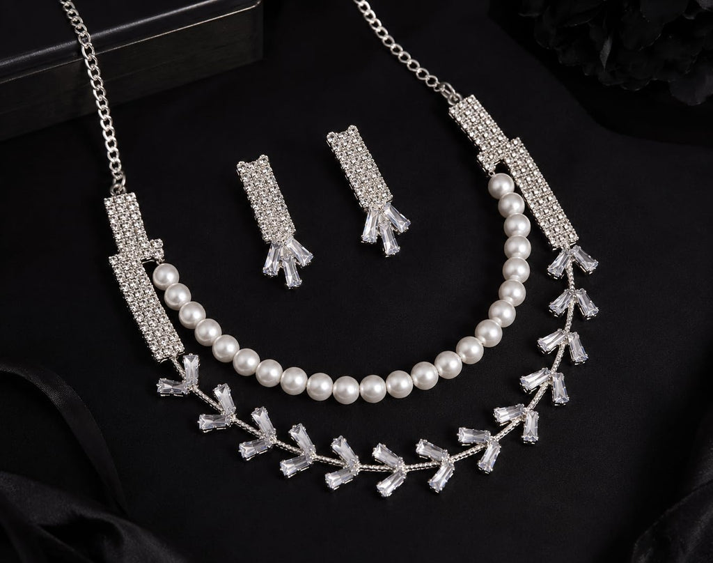 Aishri Silver Pearl Crystal Necklace Set