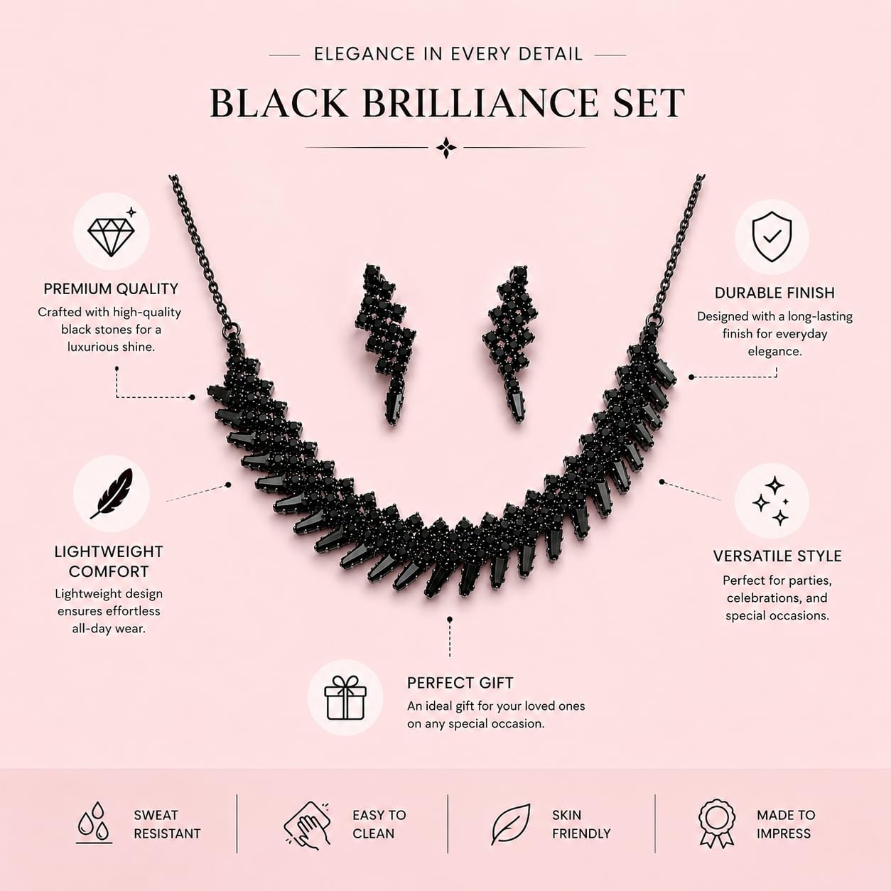 Aishri Black Crystal Necklace Set