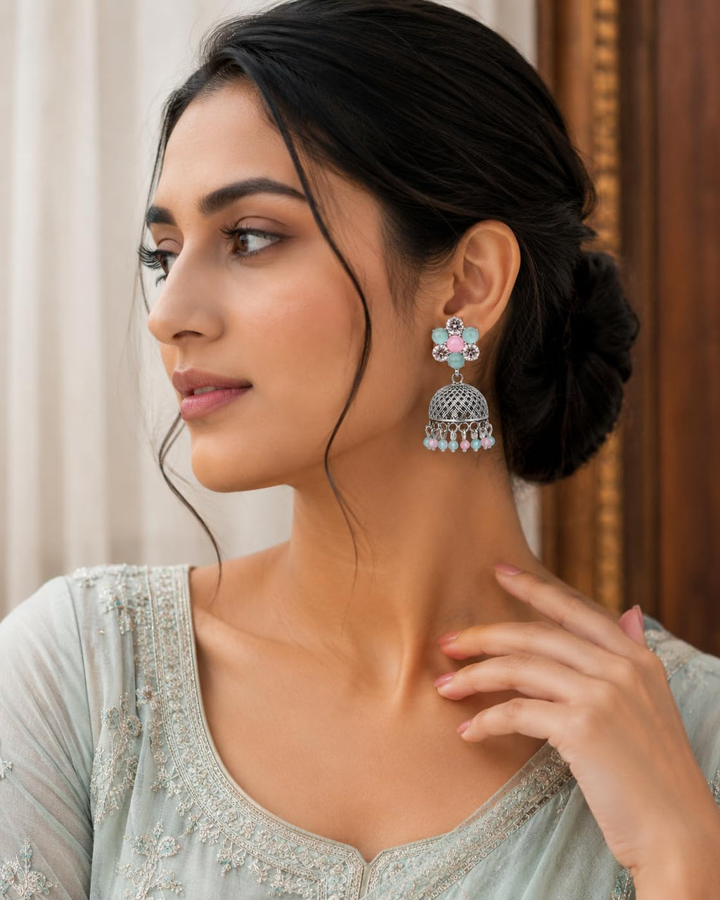 Aishri Oxidized Floral Stone Jhumka Earrings