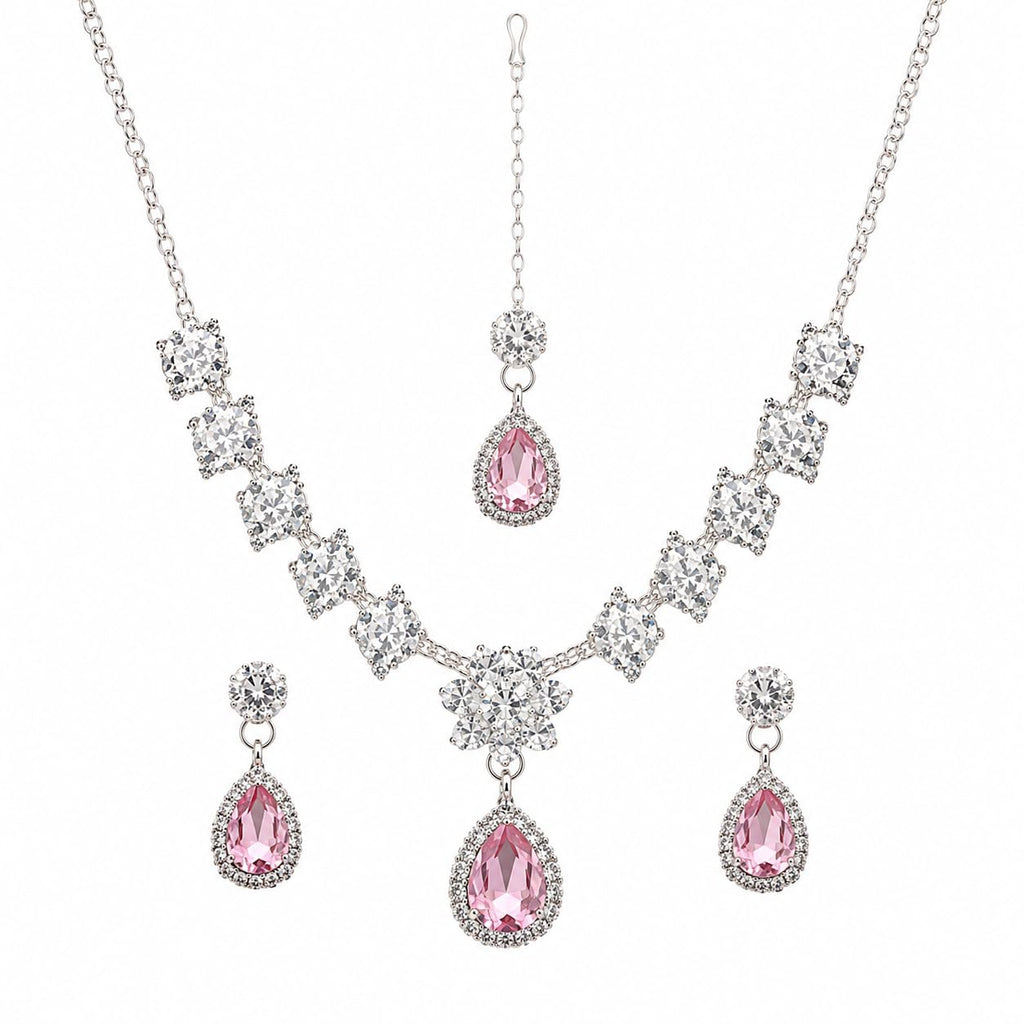 Aishri Pink Crystal Necklace Set with Matching Earrings and Maang Tikka
