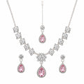 Aishri Pink Crystal Necklace Set with Matching Earrings and Maang Tikka