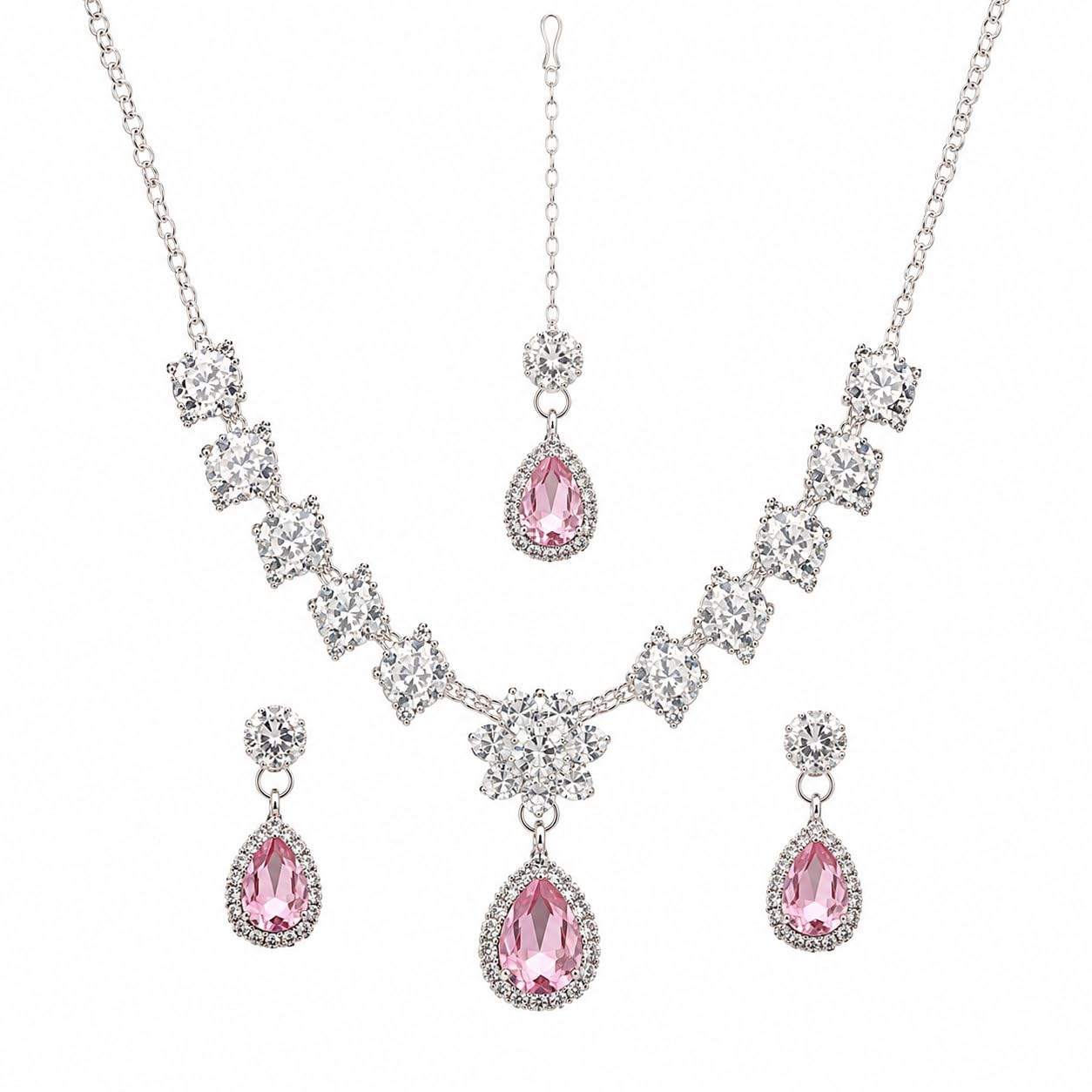 Aishri Pink Crystal Necklace Set with Matching Earrings and Maang Tikka