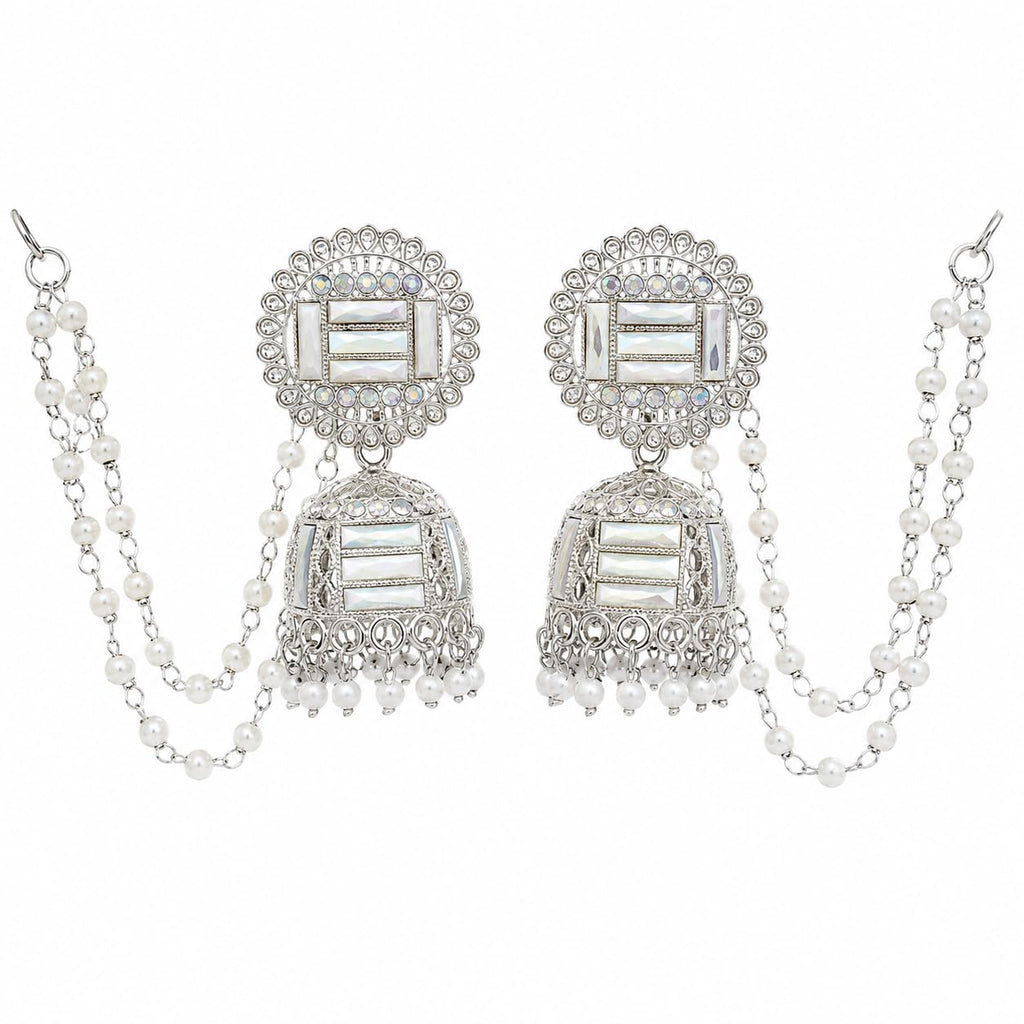 Aishri Silver Tone Jhumka Earrings with Pearl Sahara Chain Bridal Jewellery
