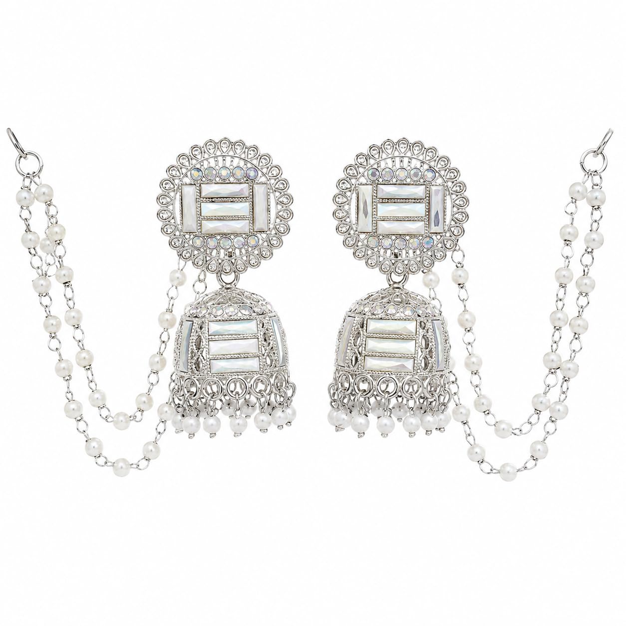Aishri Silver Tone Jhumka Earrings with Pearl Sahara Chain Bridal Jewellery