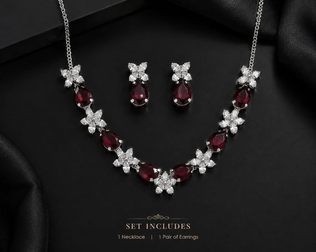 Aishri Ruby Crystal Silver Necklace Set