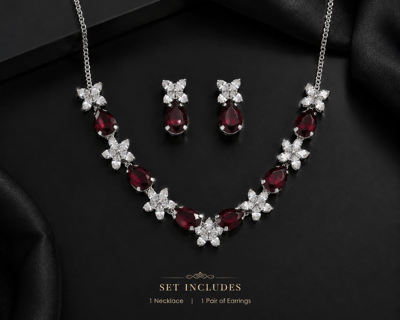 Aishri Ruby Crystal Silver Necklace Set