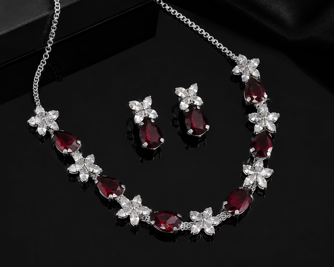 Aishri Ruby Crystal Silver Necklace Set