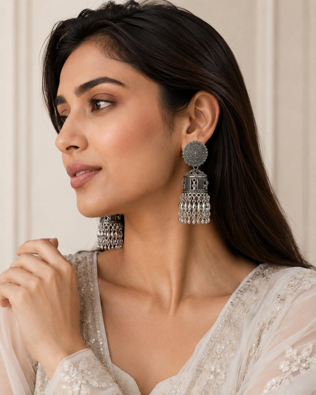 Aishri Oxidized Silver Long Tassel Ghungroo Jhumka Earrings
