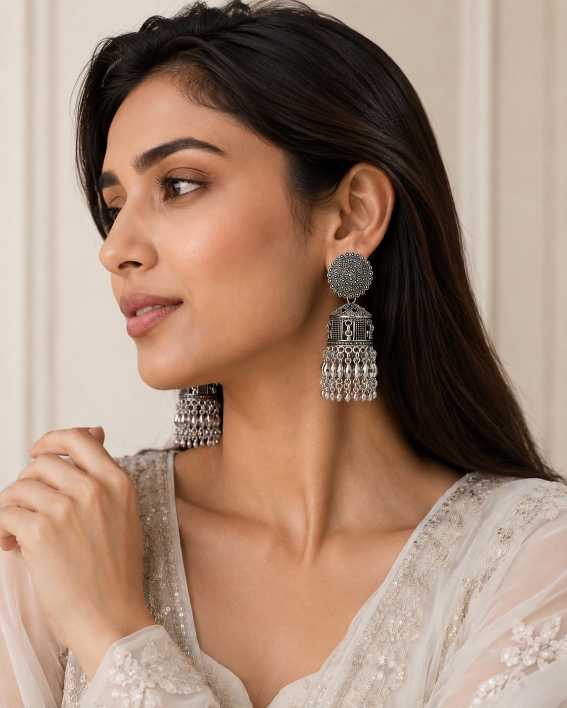 Aishri Oxidized Silver Long Tassel Ghungroo Jhumka Earrings