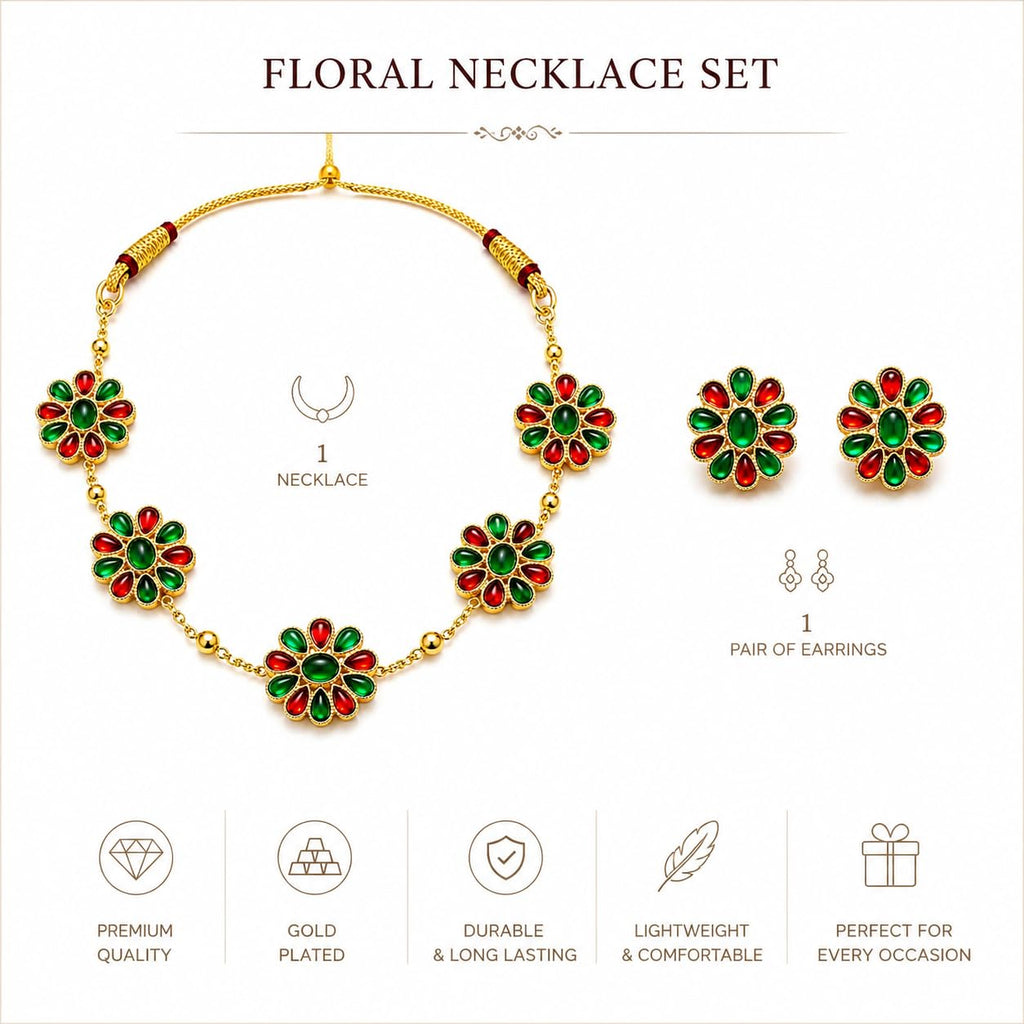 Aishri Red Green Floral Necklace Set