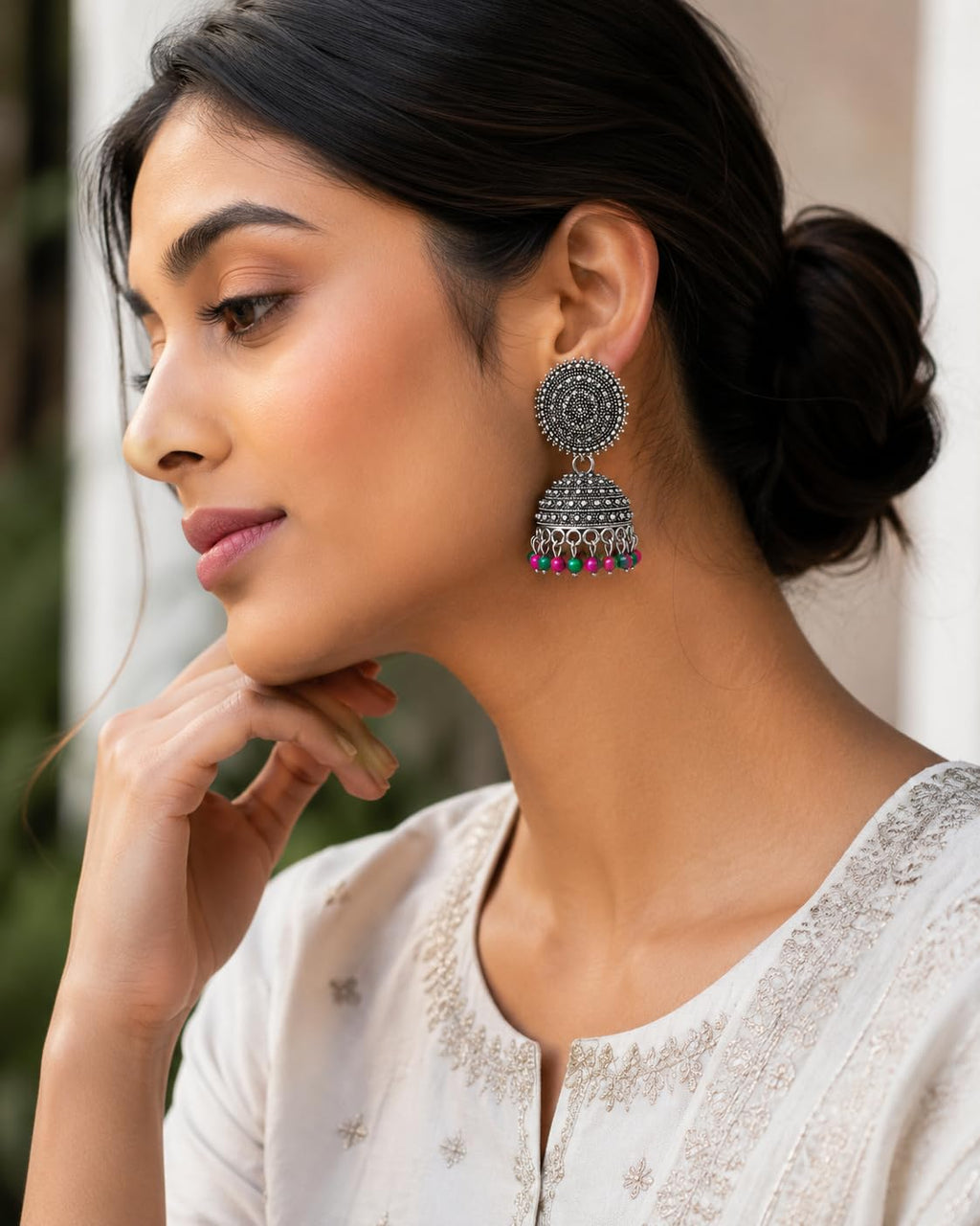 Aishri Oxidized Silver Beaded Jhumka Earrings