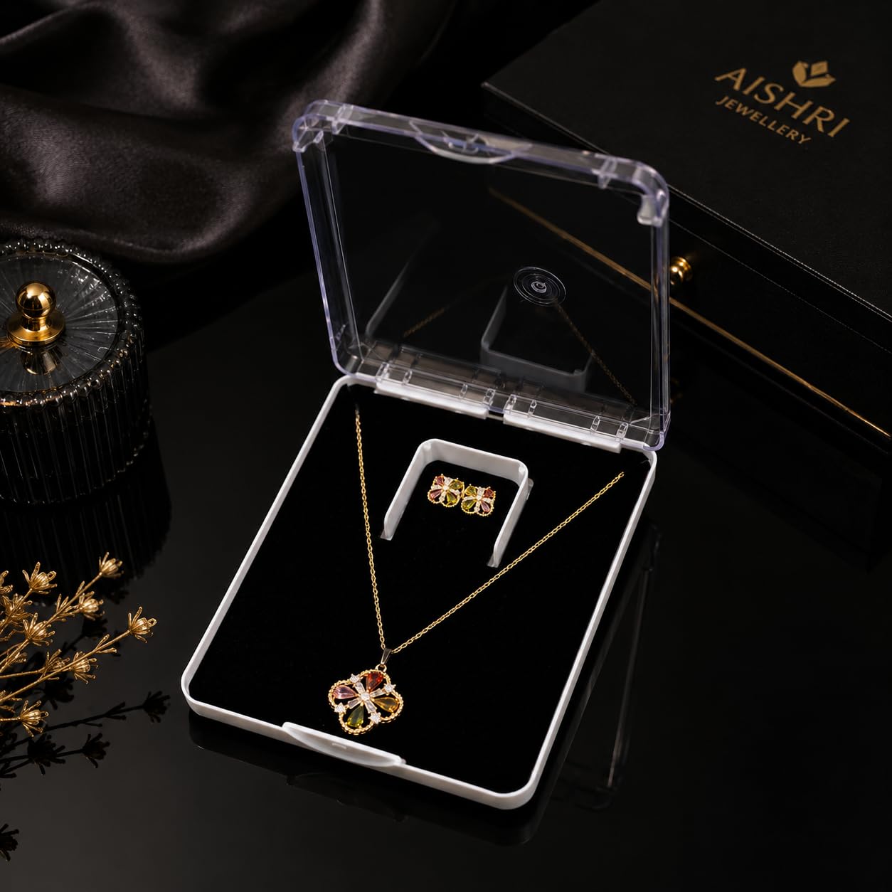 Aishri Multicolor Crystal Flower Pendant Necklace Set with Matching Stud Earrings