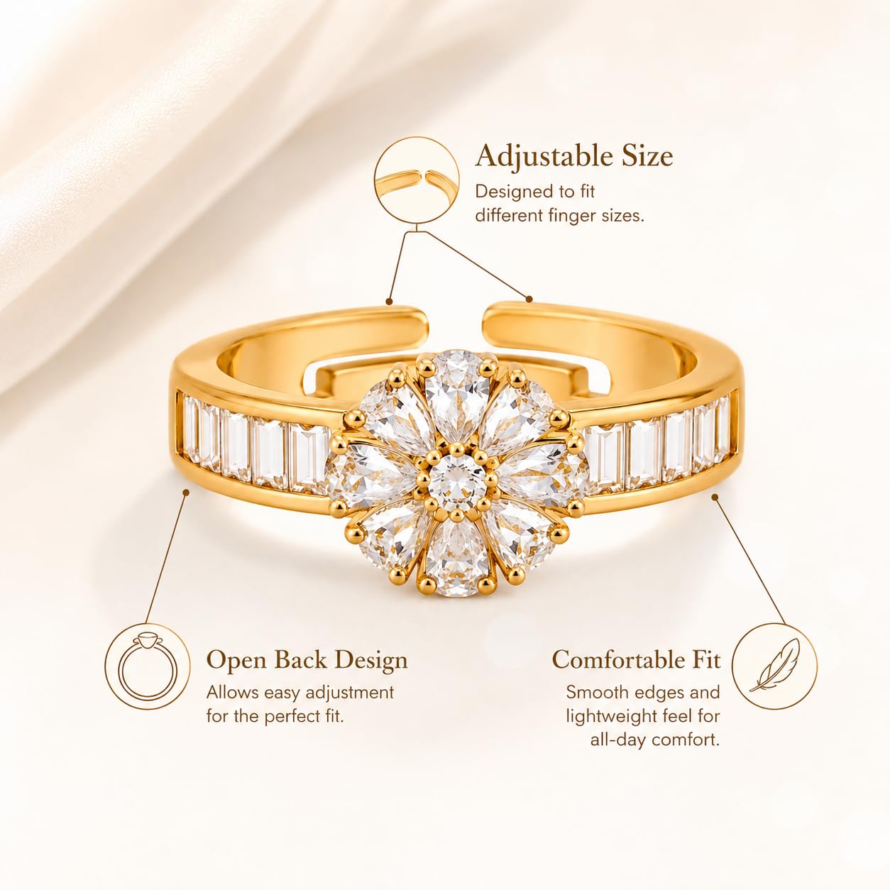 Aishri Gold Plated Floral Adjustable Ring