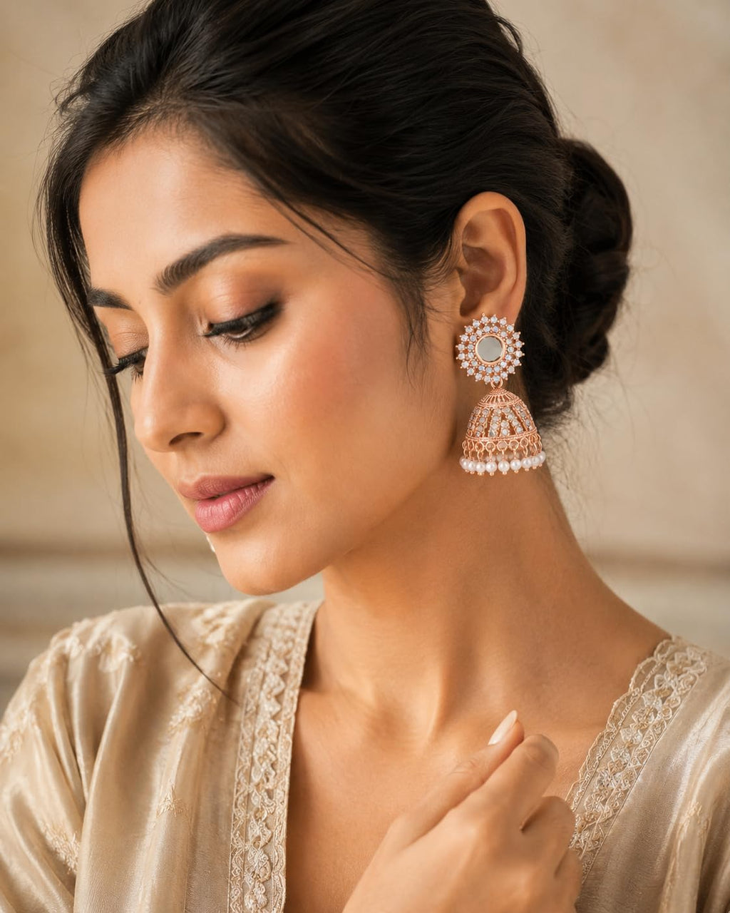 Aishri Rose Gold Mirror Work Jhumka Earrings