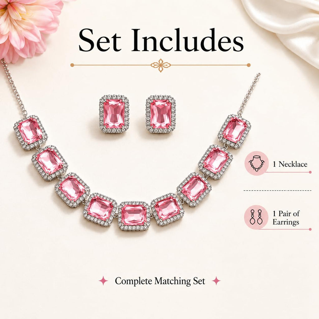 Aishri Pink Crystal Silver Necklace Set