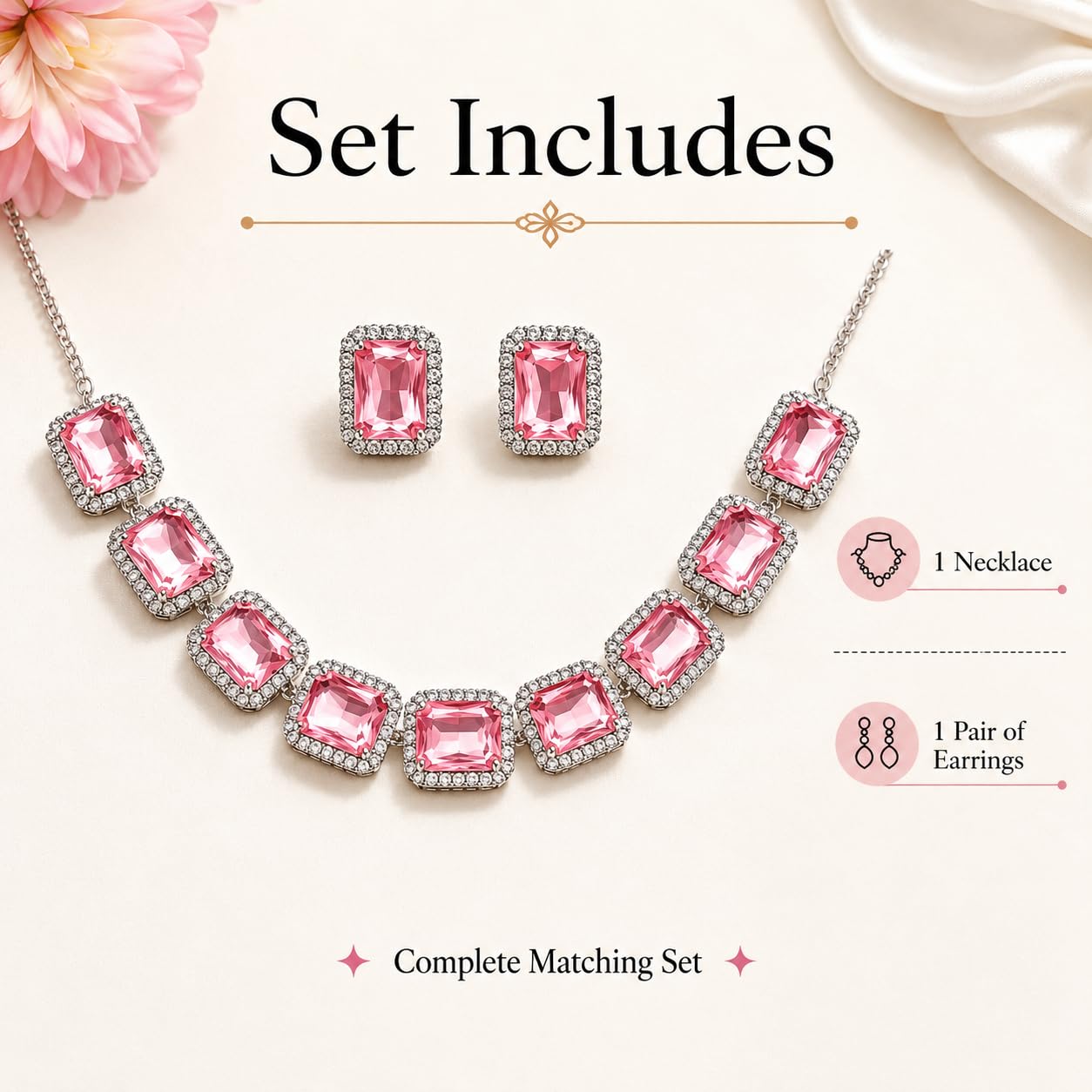 Aishri Pink Crystal Silver Necklace Set