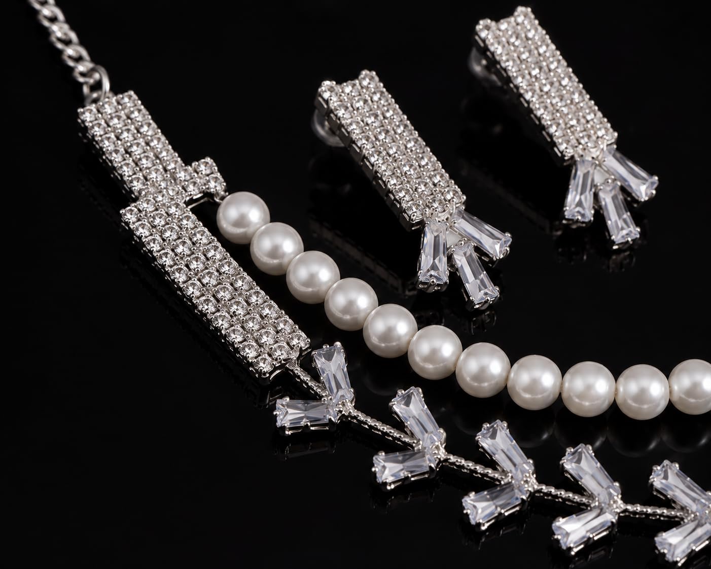 Aishri Silver Pearl Crystal Necklace Set