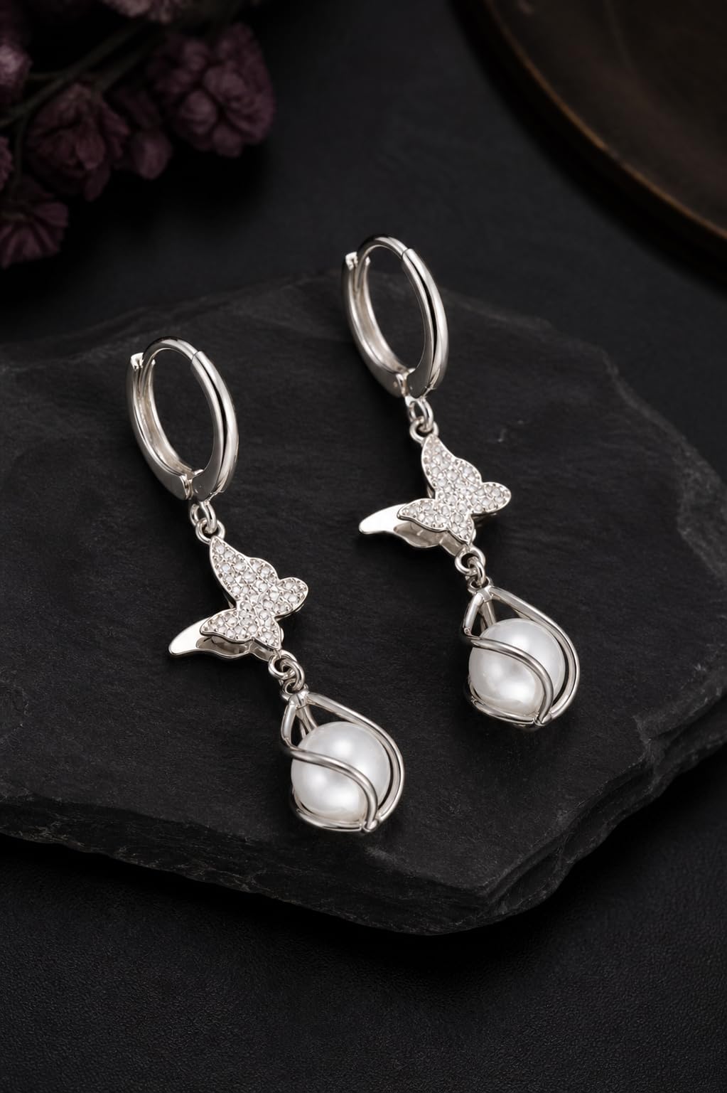 Aishri Silver Tone Butterfly Dangle Earrings