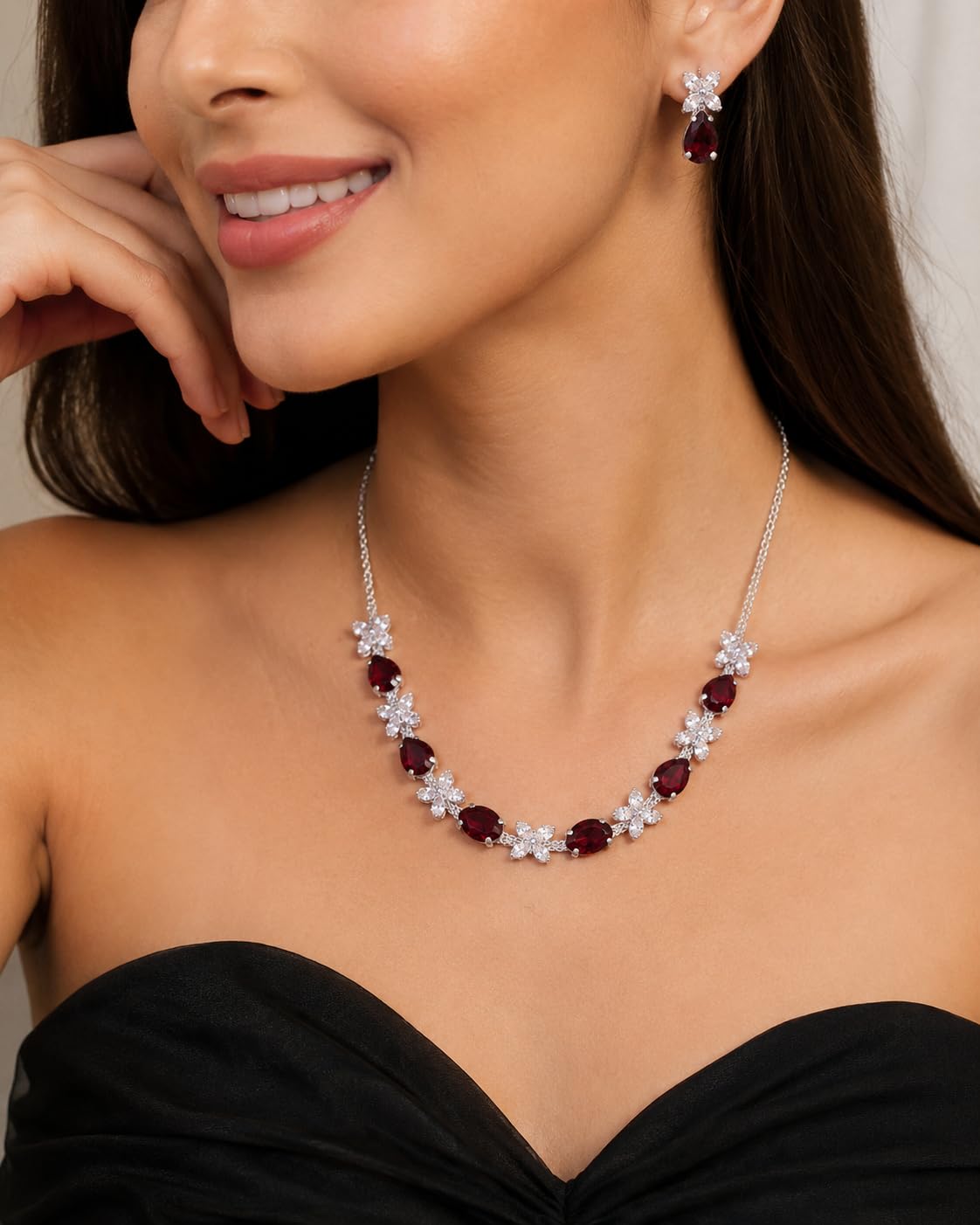 Aishri Ruby Crystal Silver Necklace Set