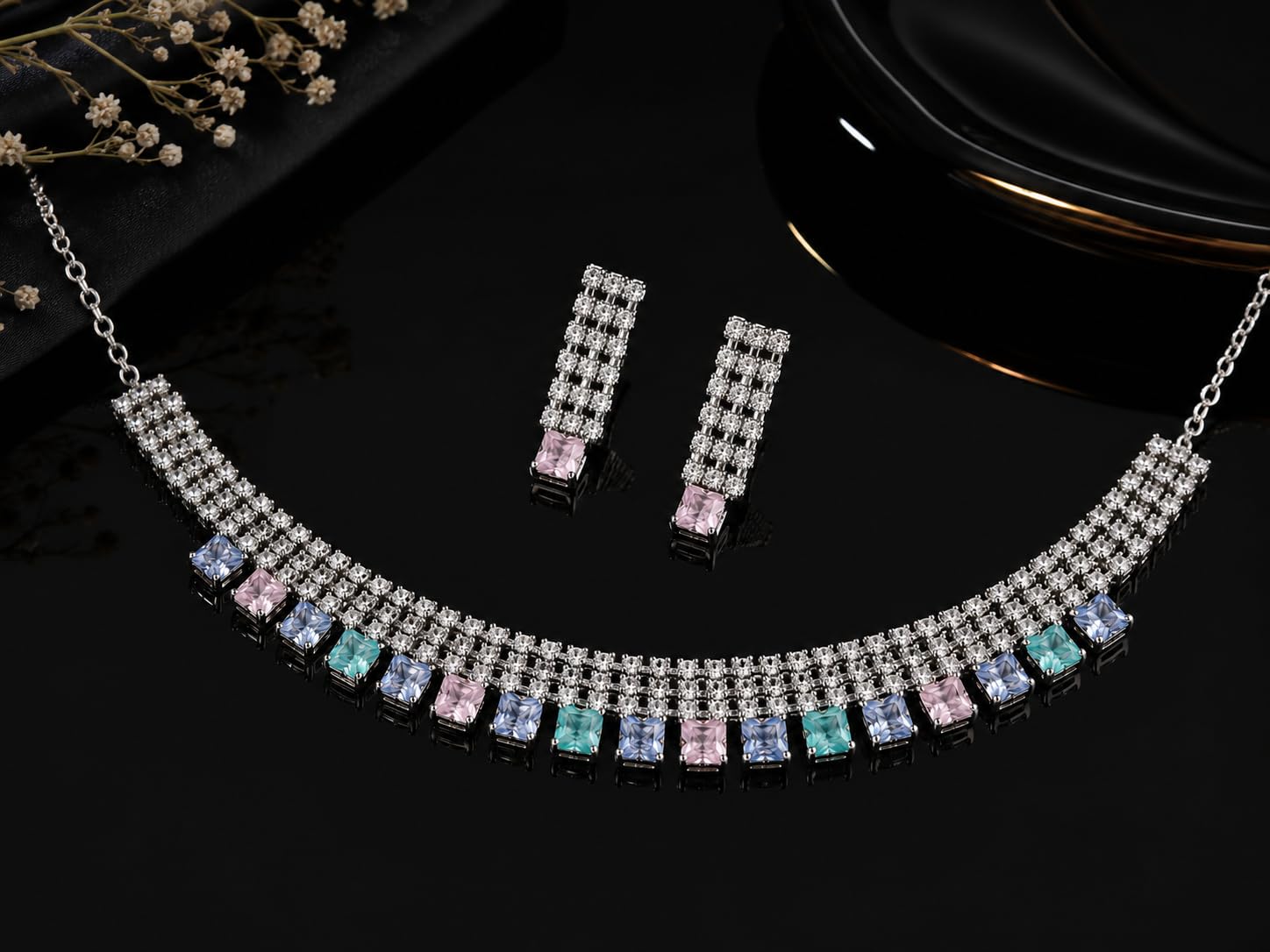 Aishri Multicolor American Diamond Necklace Set with Matching Earrings
