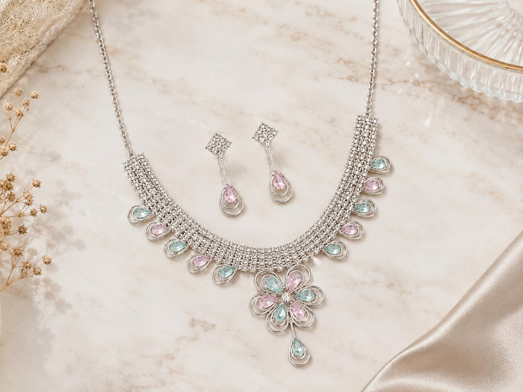 Aishri Floral Crystal Necklace Set with Pink and Mint Green Stones