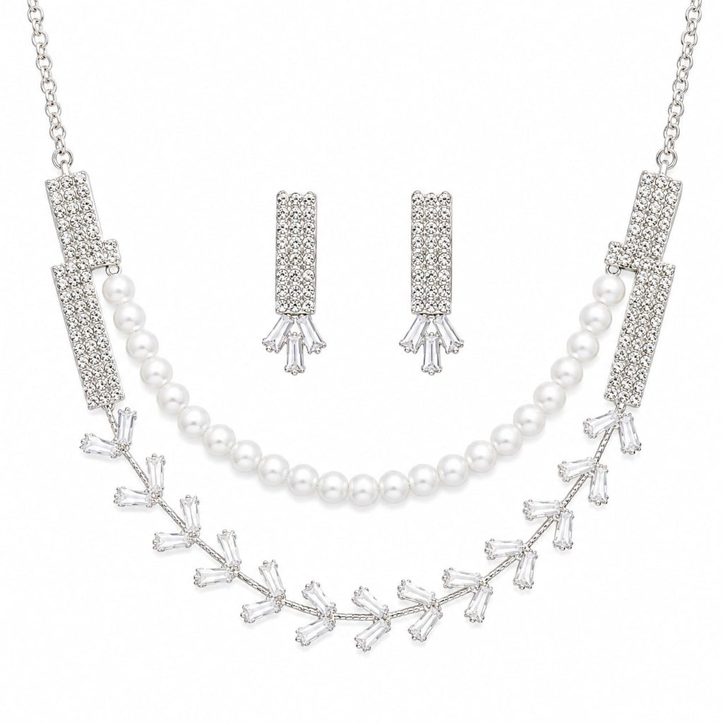 Aishri Silver Pearl Crystal Necklace Set