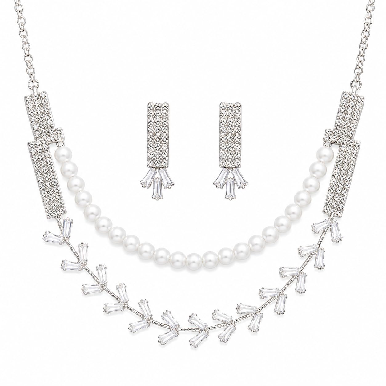 Aishri Silver Pearl Crystal Necklace Set