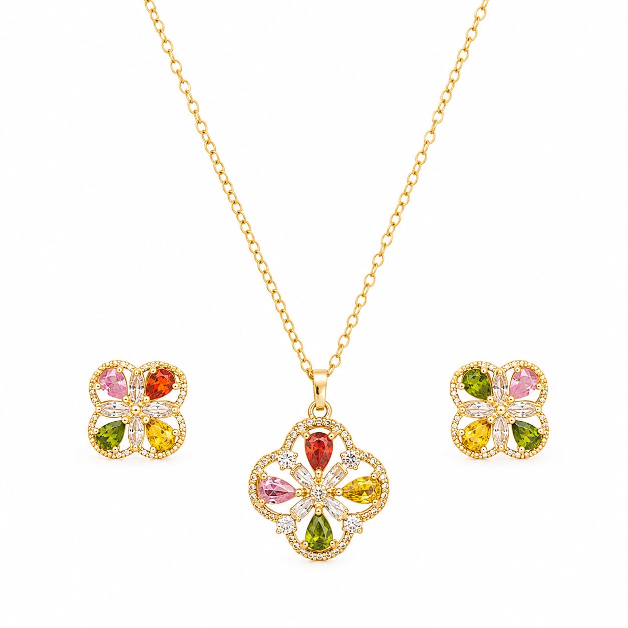 Aishri Multicolor Crystal Flower Pendant Necklace Set with Matching Stud Earrings