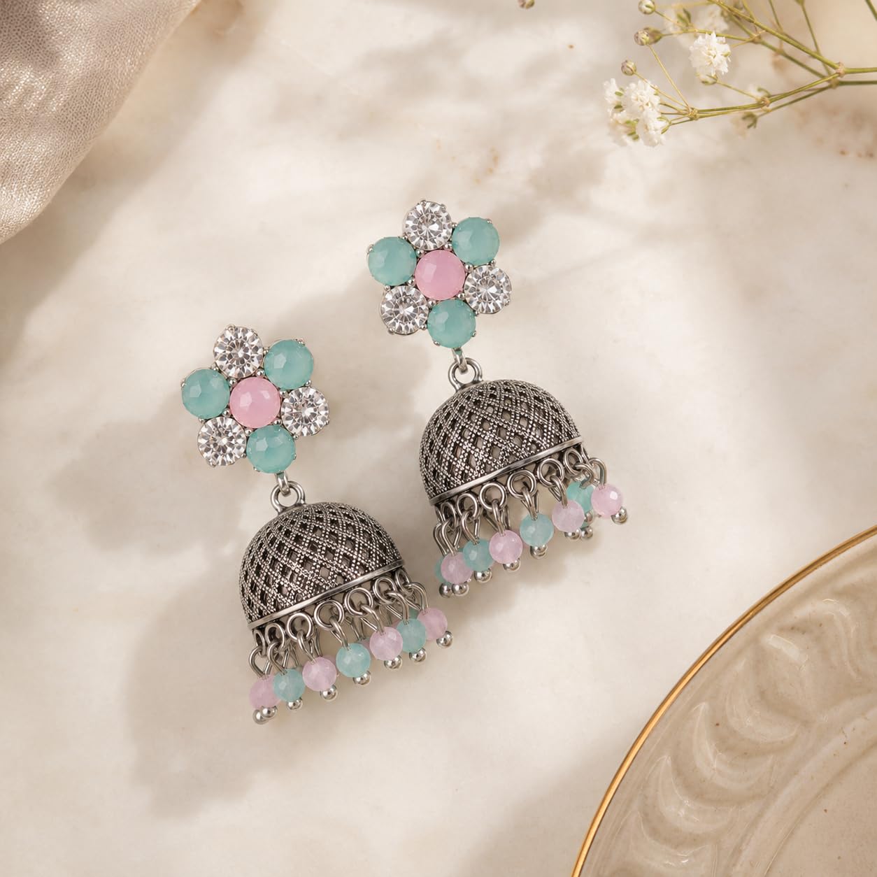 Aishri Oxidized Floral Stone Jhumka Earrings