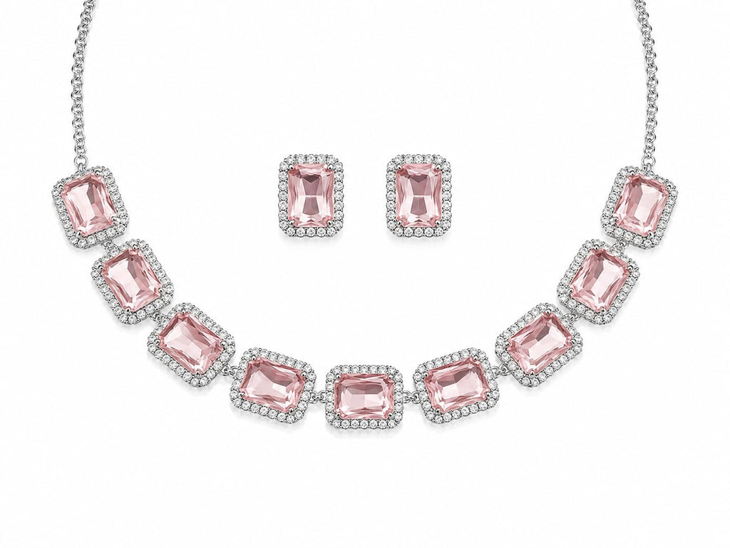 Aishri Pink Crystal Silver Necklace Set