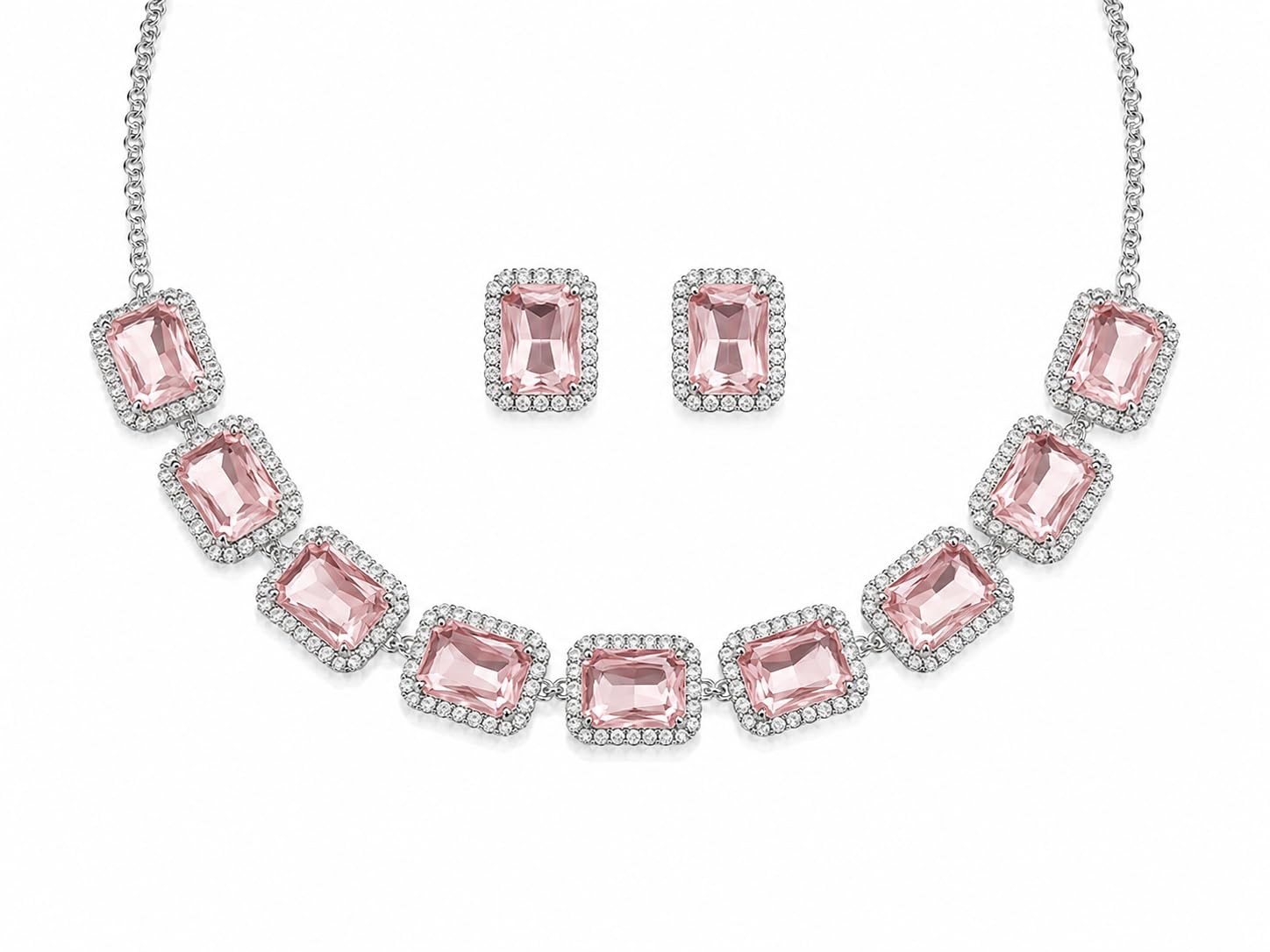Aishri Pink Crystal Silver Necklace Set