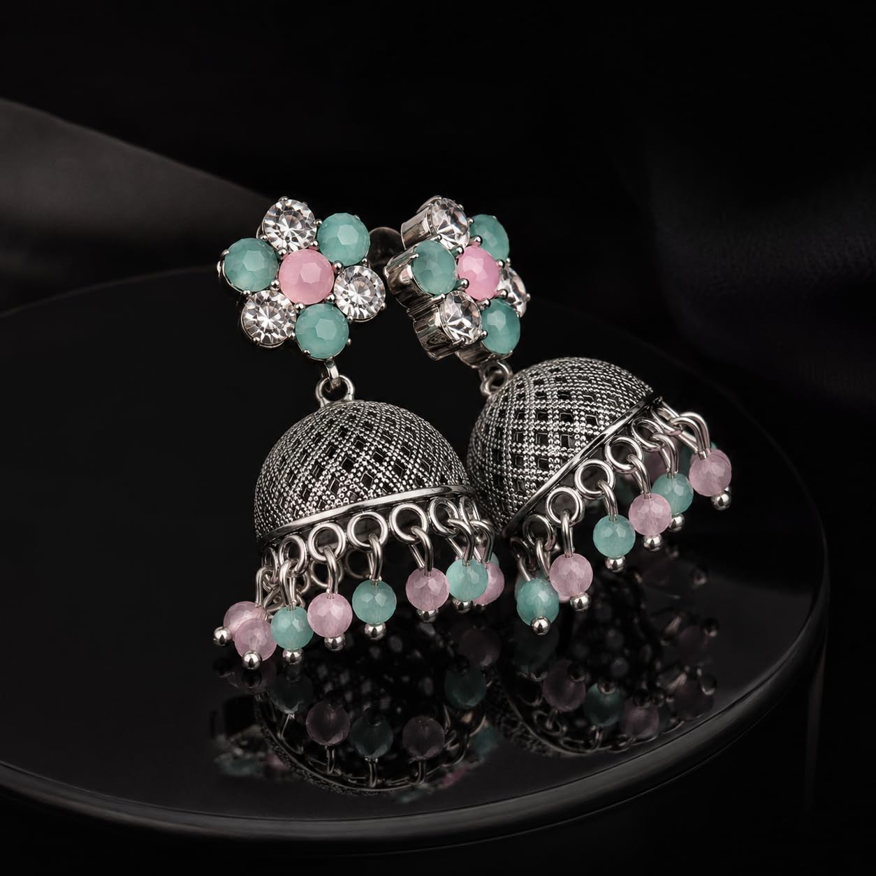 Aishri Oxidized Floral Stone Jhumka Earrings