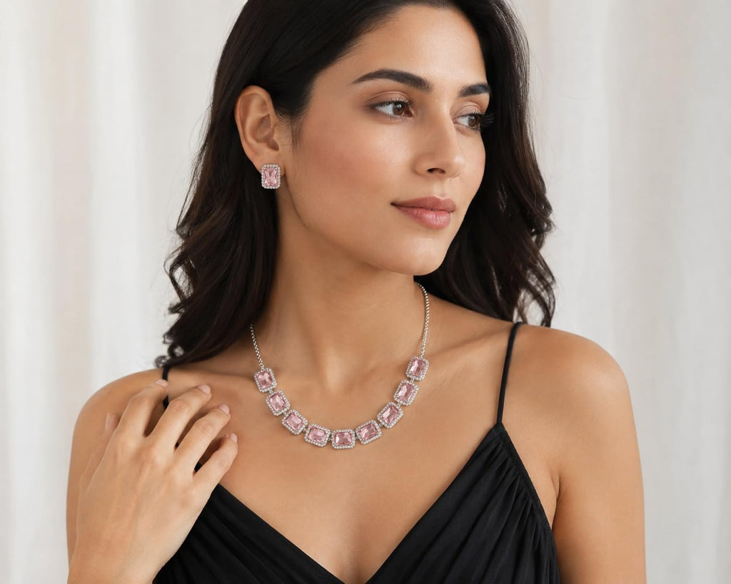 Aishri Pink Crystal Silver Necklace Set