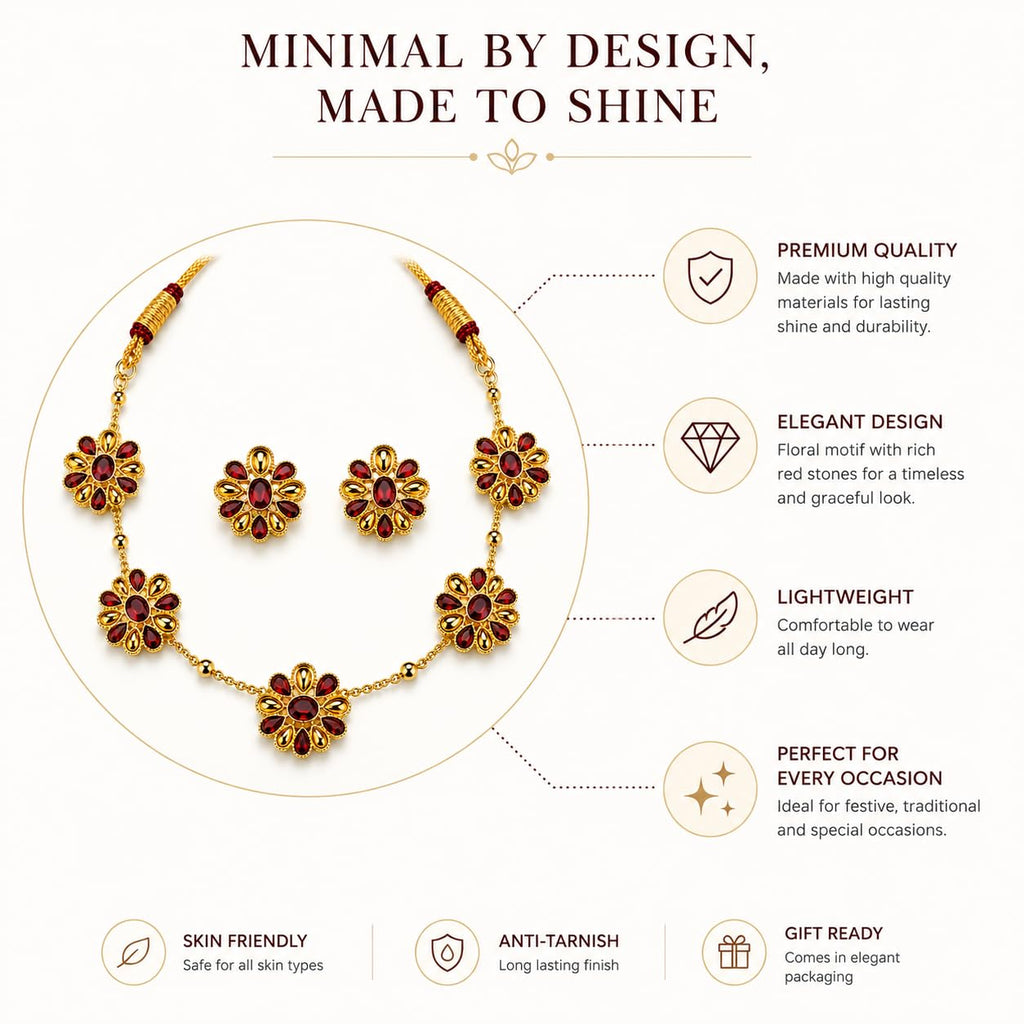 Aishri Ruby Floral Gold Necklace Set