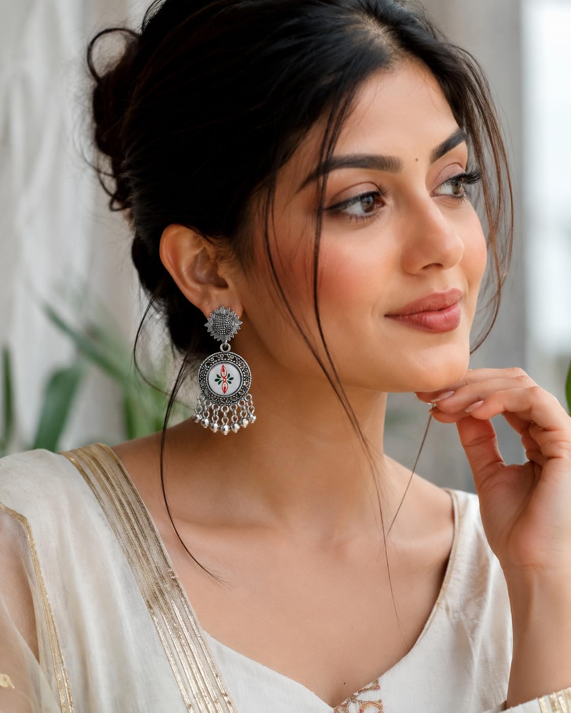 Aishri Oxidized Silver White Enamel Dangle Earrings