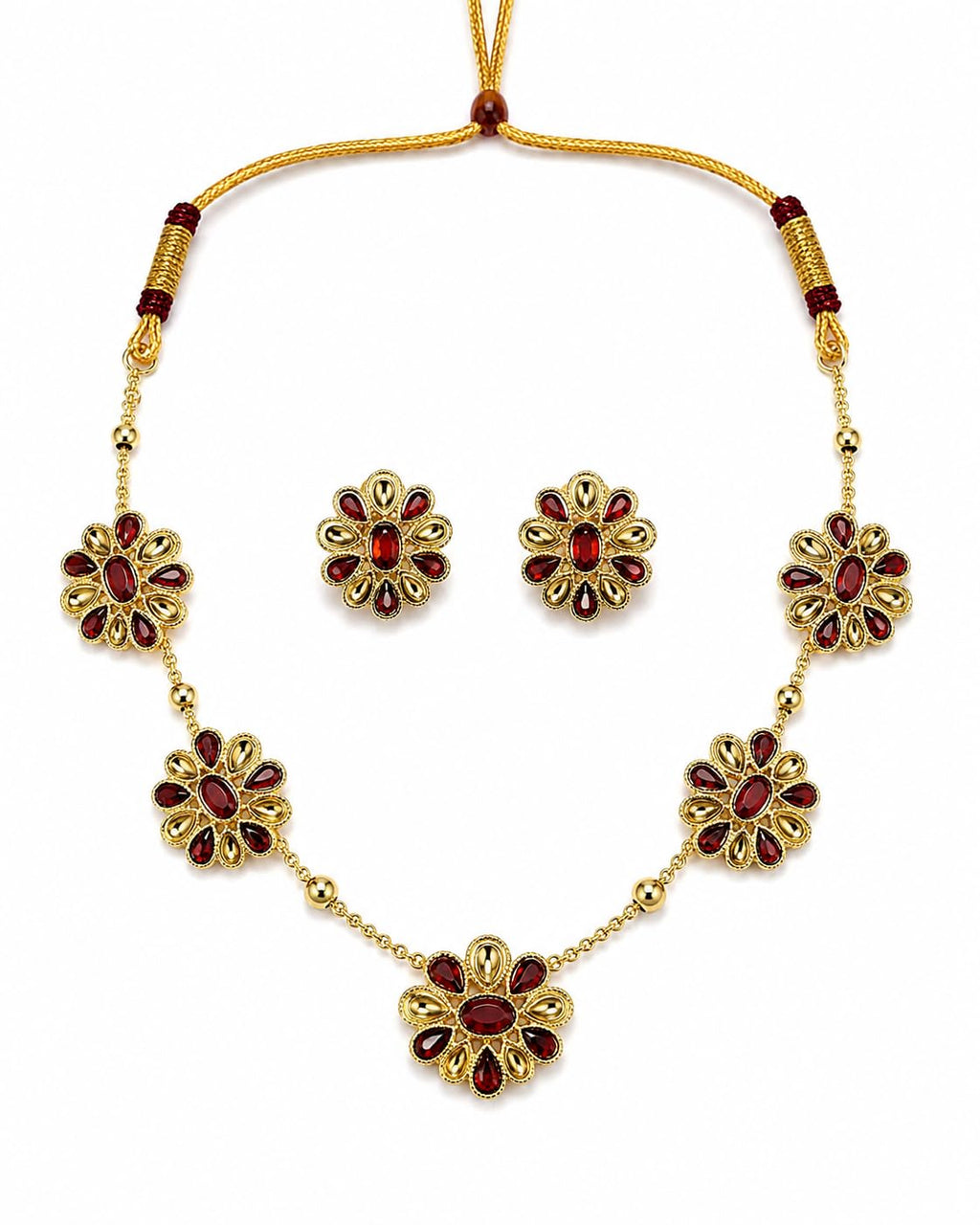 Aishri Ruby Floral Gold Necklace Set